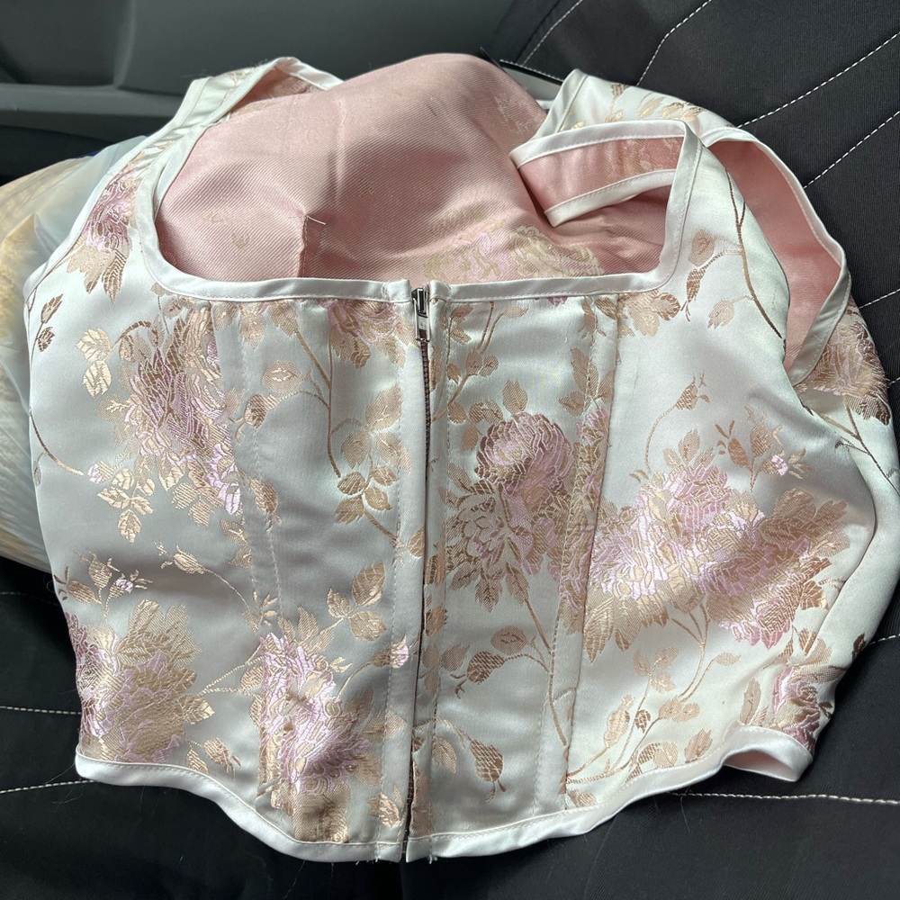 Floral baby pink and off white satin corset top!